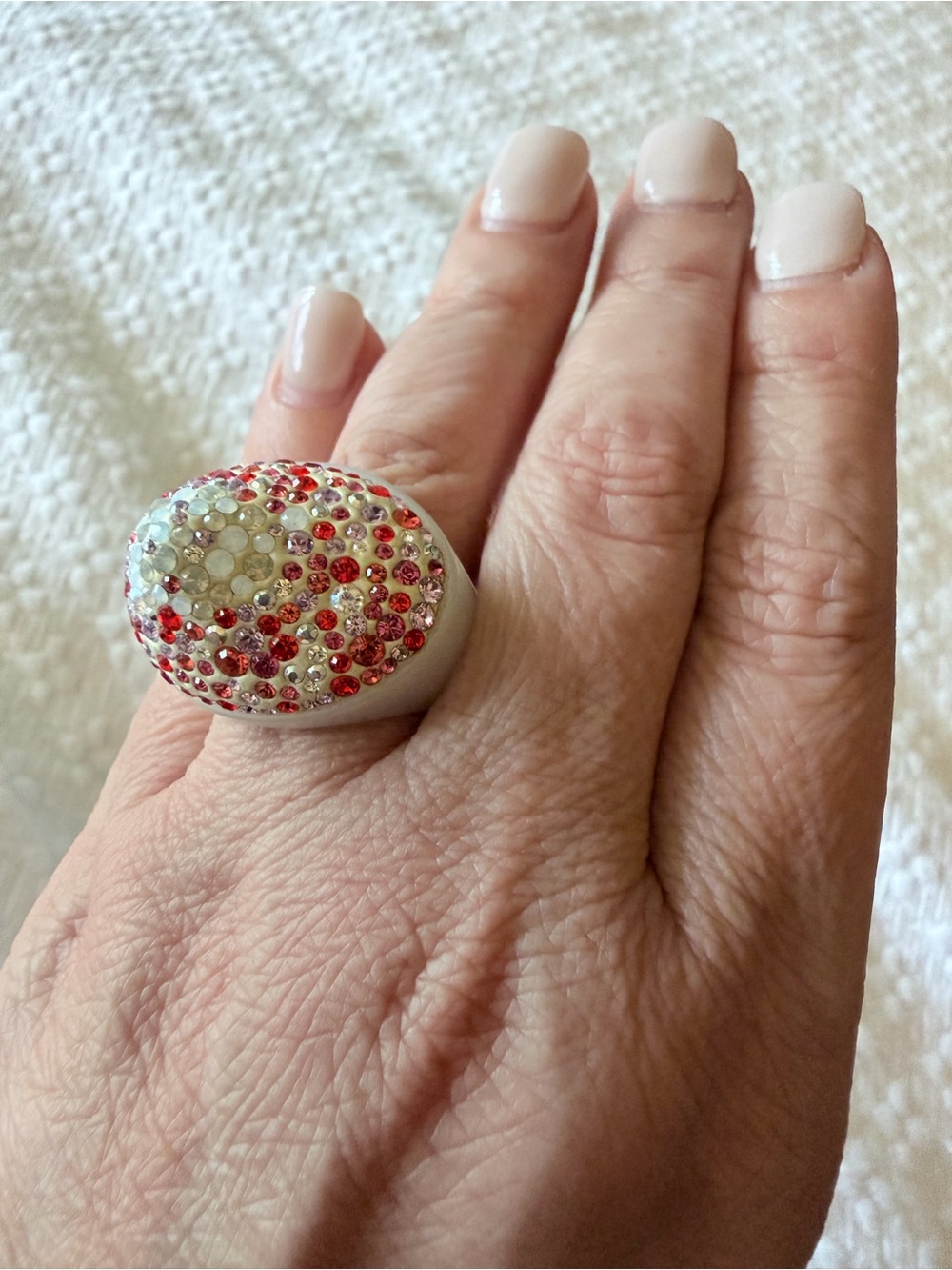 Swarovski Crystal Dome Cocktail Ring - Red & White Sz 58